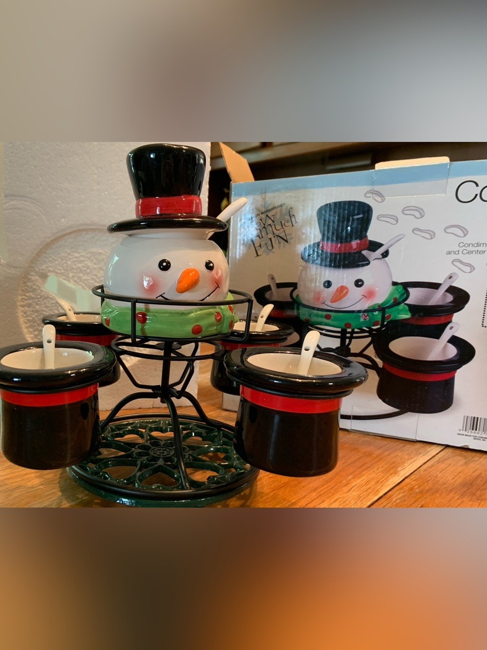 Boston Warehouse Snow Much Fun Snowman Condiment Spinner Set w/Spoons Hats NIB